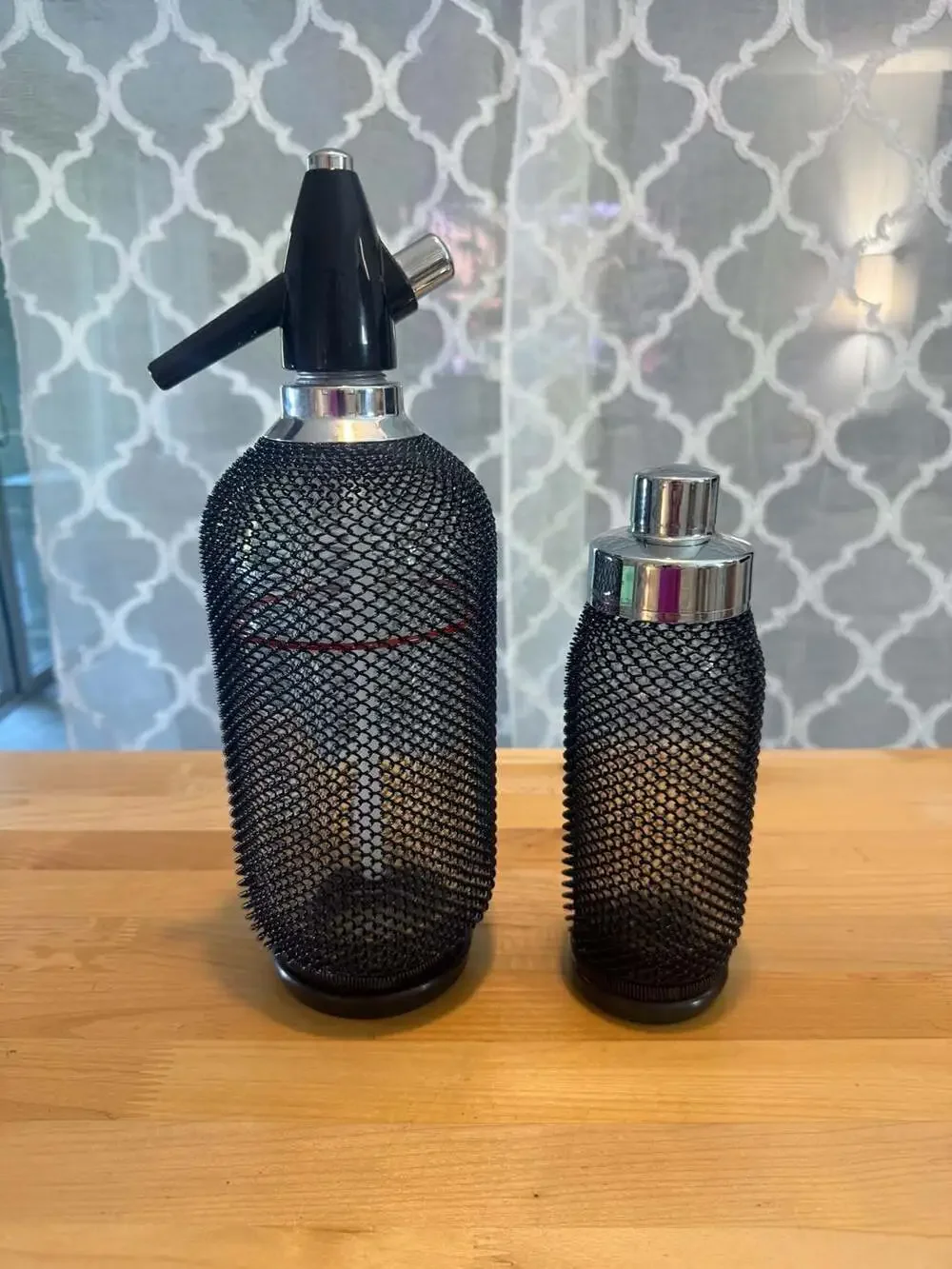 Vintage Mid-Century Modern Glass Soda Siphon and Cocktail Shaker Set